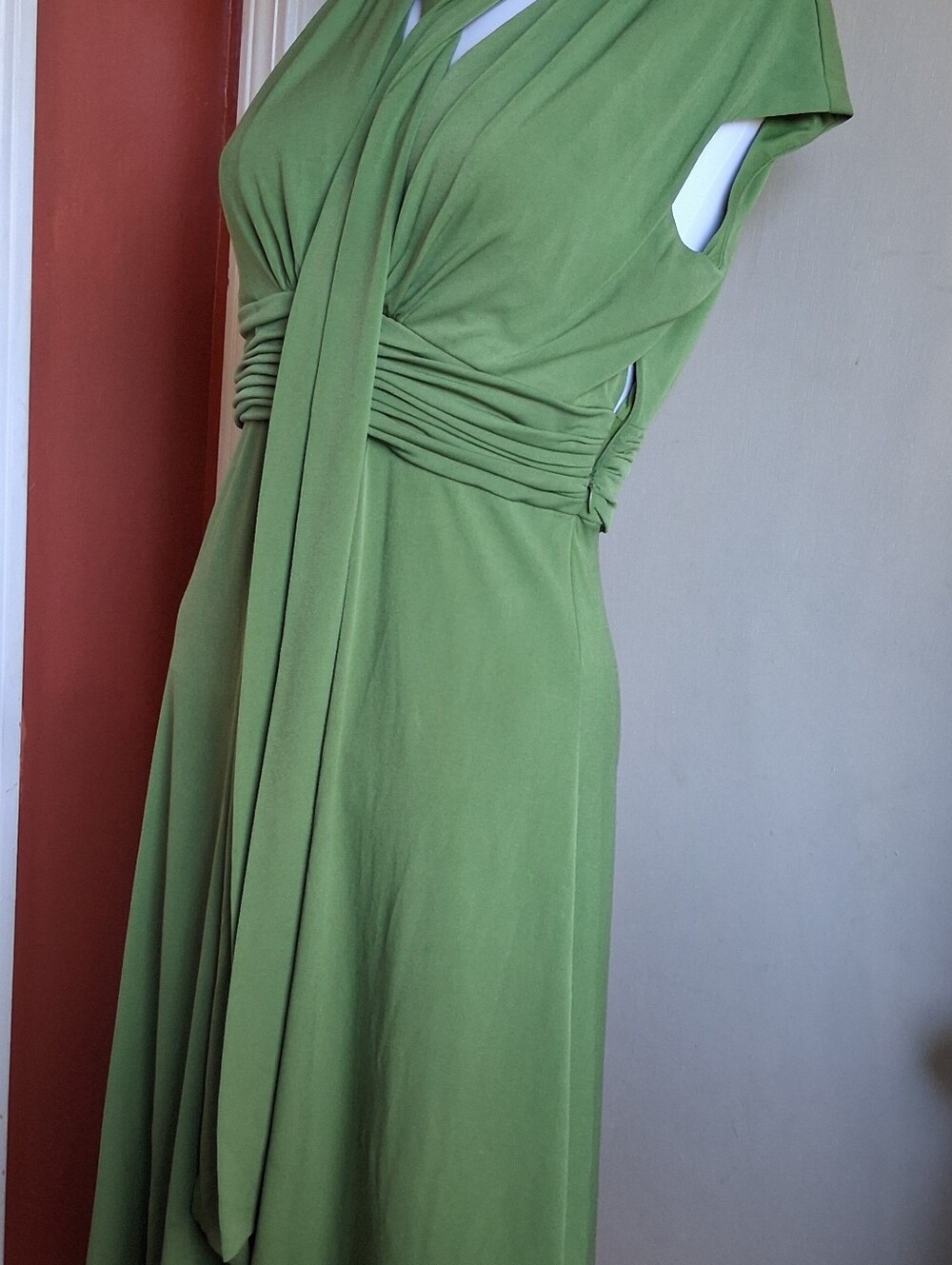 Donna Ricco Olive Green Draped V-Neck Maxi Dress